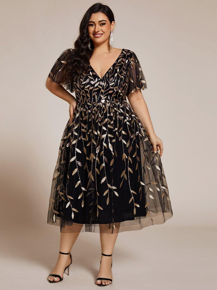 Plus Size V-Neck Sequin Applique A-Line Formal Wedding Guest Dress