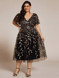 Plus Size V-Neck Sequin Applique A-Line Formal Wedding Guest Dress