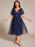 Plus Size V-Neck Sequin Applique A-Line Formal Wedding Guest Dress