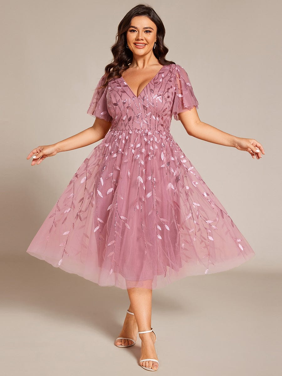 Plus Size V-Neck Sequin Applique A-Line Formal Wedding Guest Dress