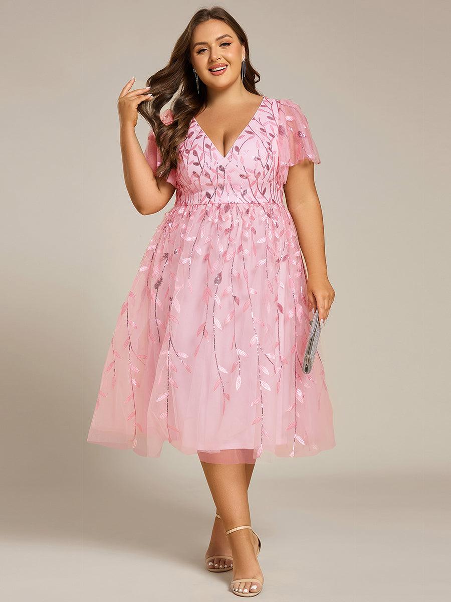 Plus Size V-Neck Sequin Applique A-Line Formal Wedding Guest Dress