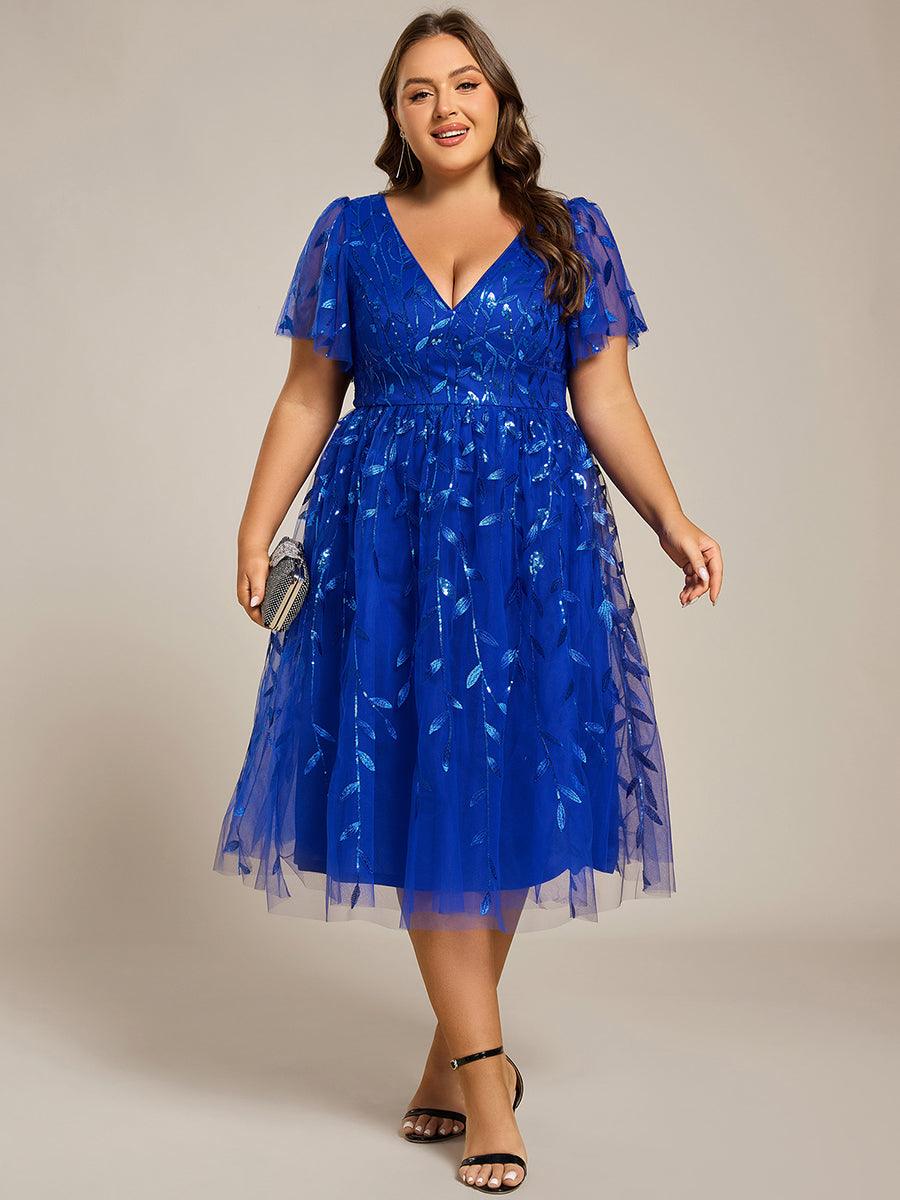 Plus Size V-Neck Sequin Applique A-Line Formal Wedding Guest Dress