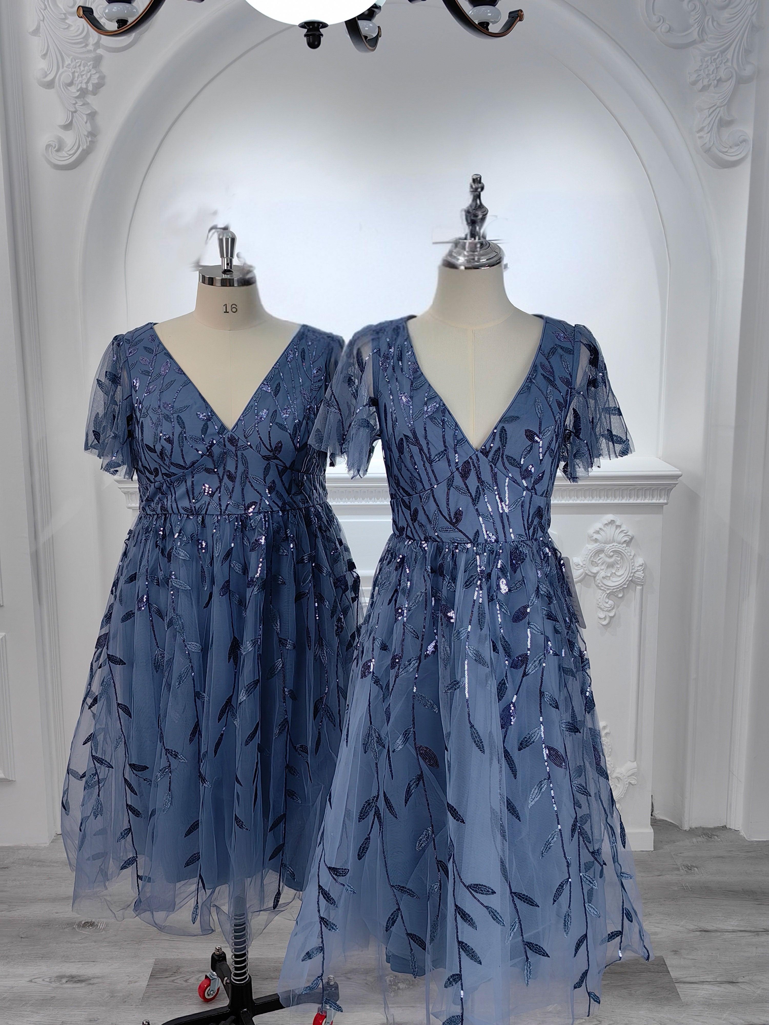 Plus Size V-Neck Sequin Applique A-Line Formal Wedding Guest Dress