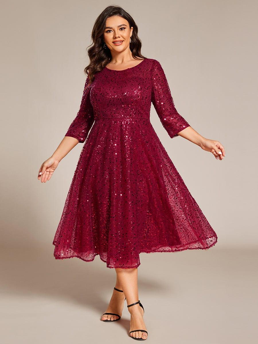 Plus Size Sequin A-Line Wedding Guest Dress with 3/4 Sleeves