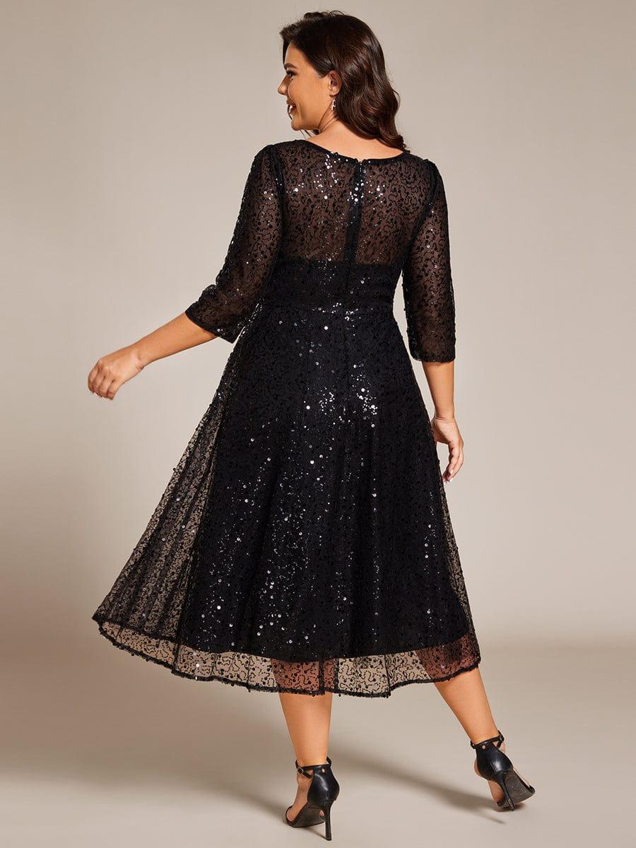 Plus Size Sequin A-Line Wedding Guest Dress with 3/4 Sleeves