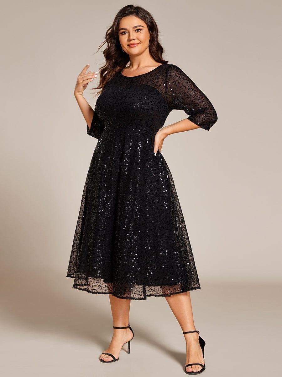 Plus Size Sequin A-Line Wedding Guest Dress with 3/4 Sleeves