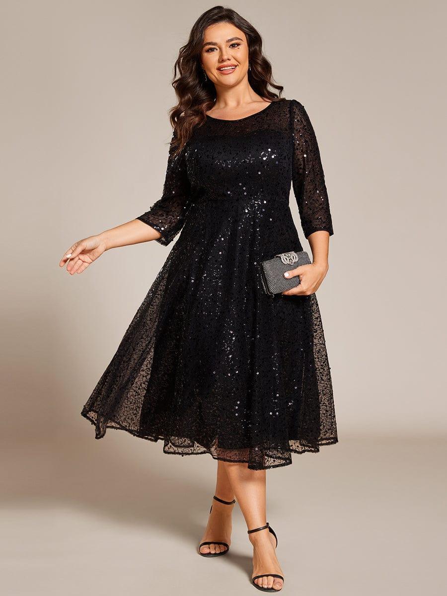 Plus Size Sequin A-Line Wedding Guest Dress with 3/4 Sleeves