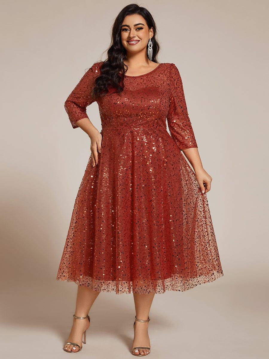 Plus Size Sequin A-Line Wedding Guest Dress with 3/4 Sleeves