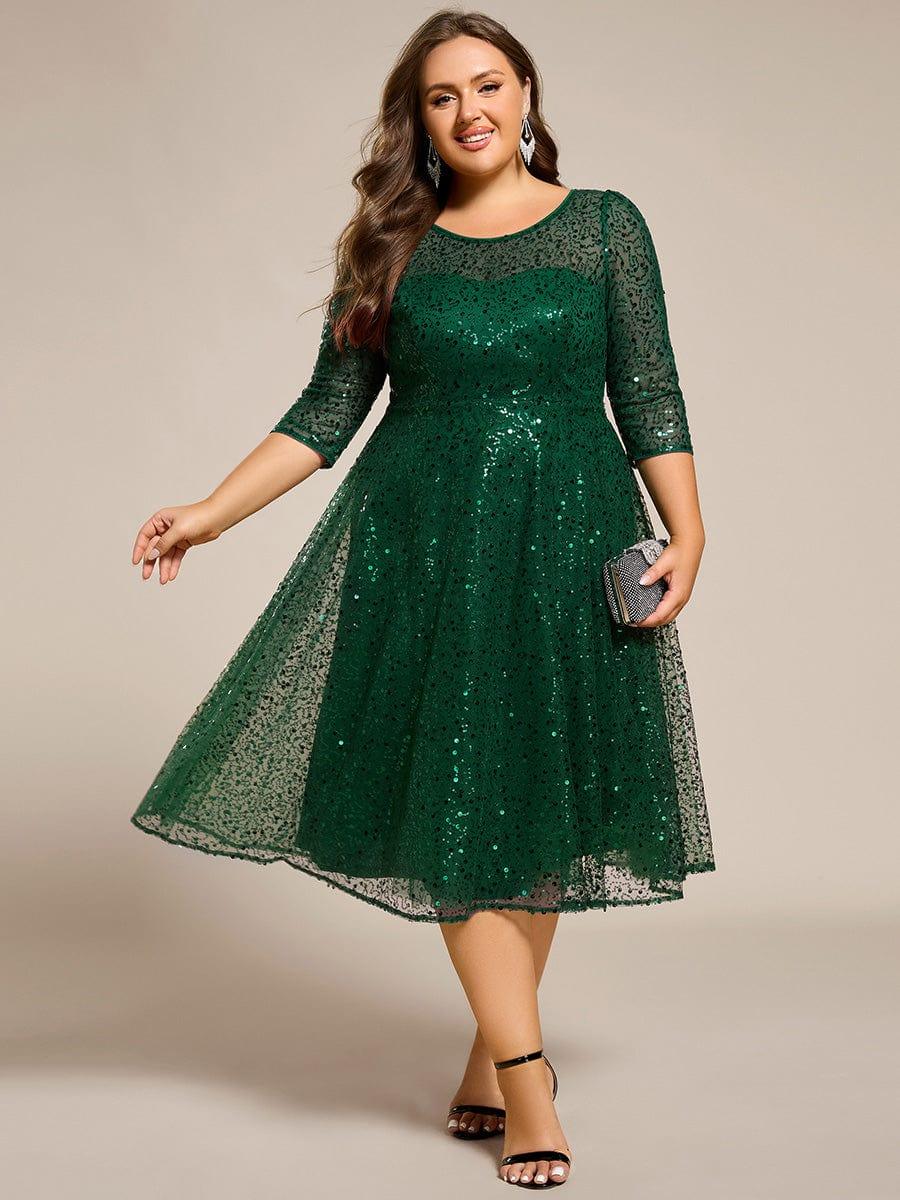 Plus Size Sequin A-Line Wedding Guest Dress with 3/4 Sleeves