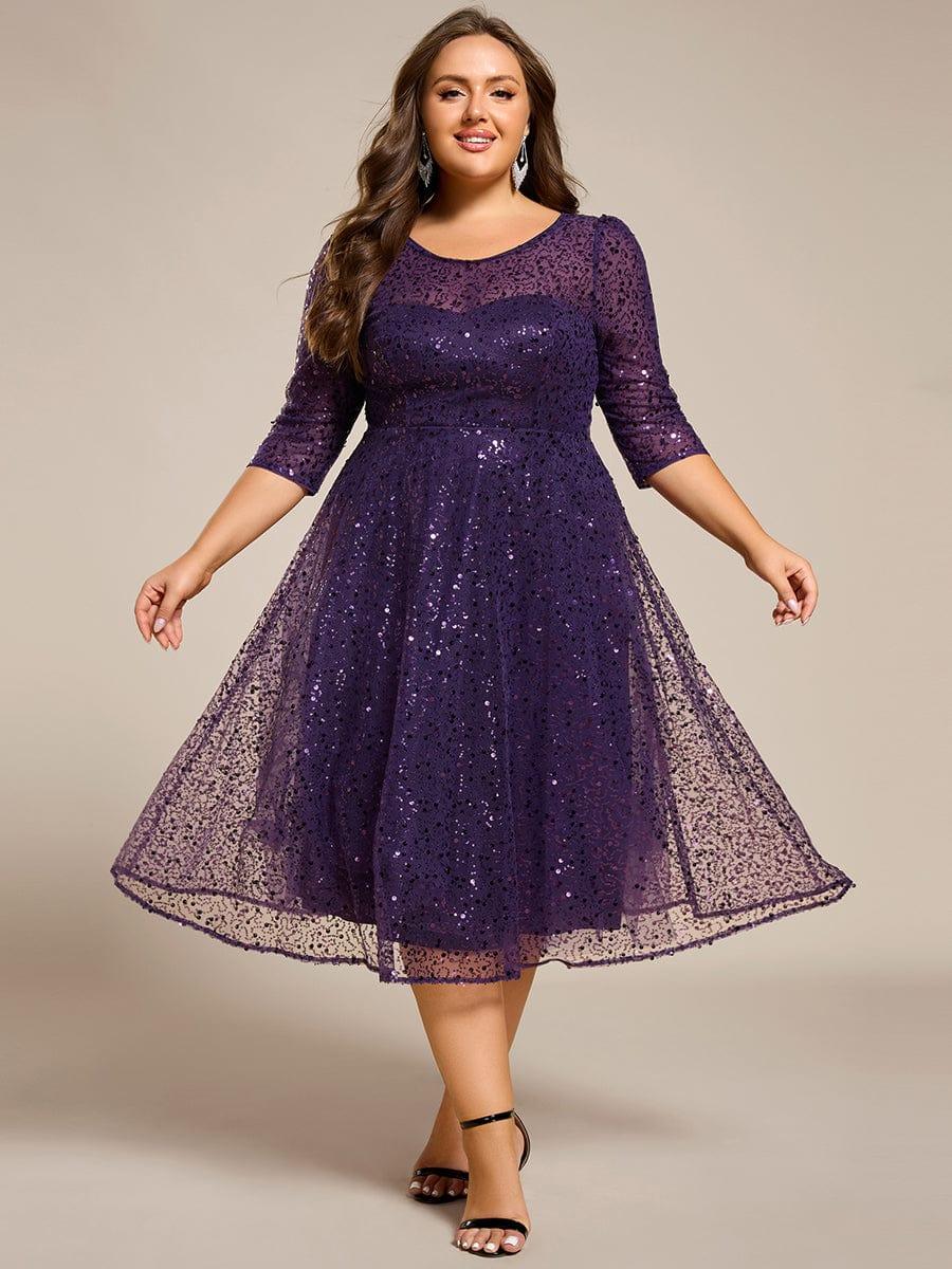 Plus Size Sequin A-Line Wedding Guest Dress with 3/4 Sleeves