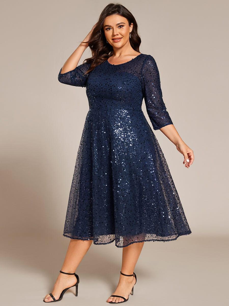 Plus Size Sequin A-Line Wedding Guest Dress with 3/4 Sleeves