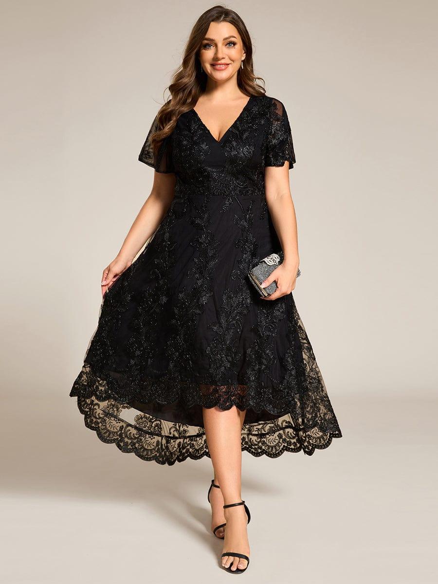 Plus Size V-Neck Lace Applique Midi Wedding Guest Dress