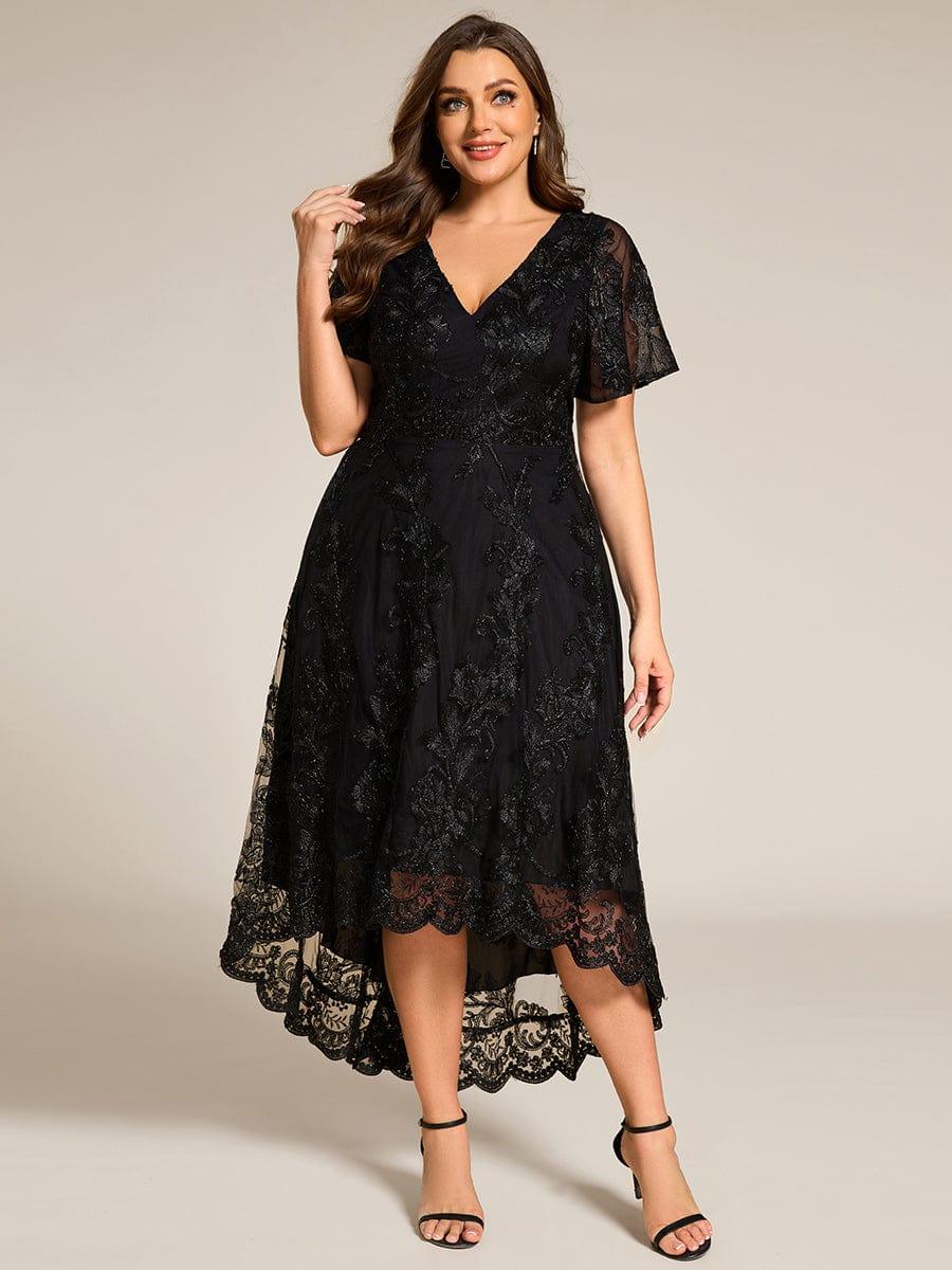 V-Neck Lace Applique High-Low Mother of the Bride Dress
