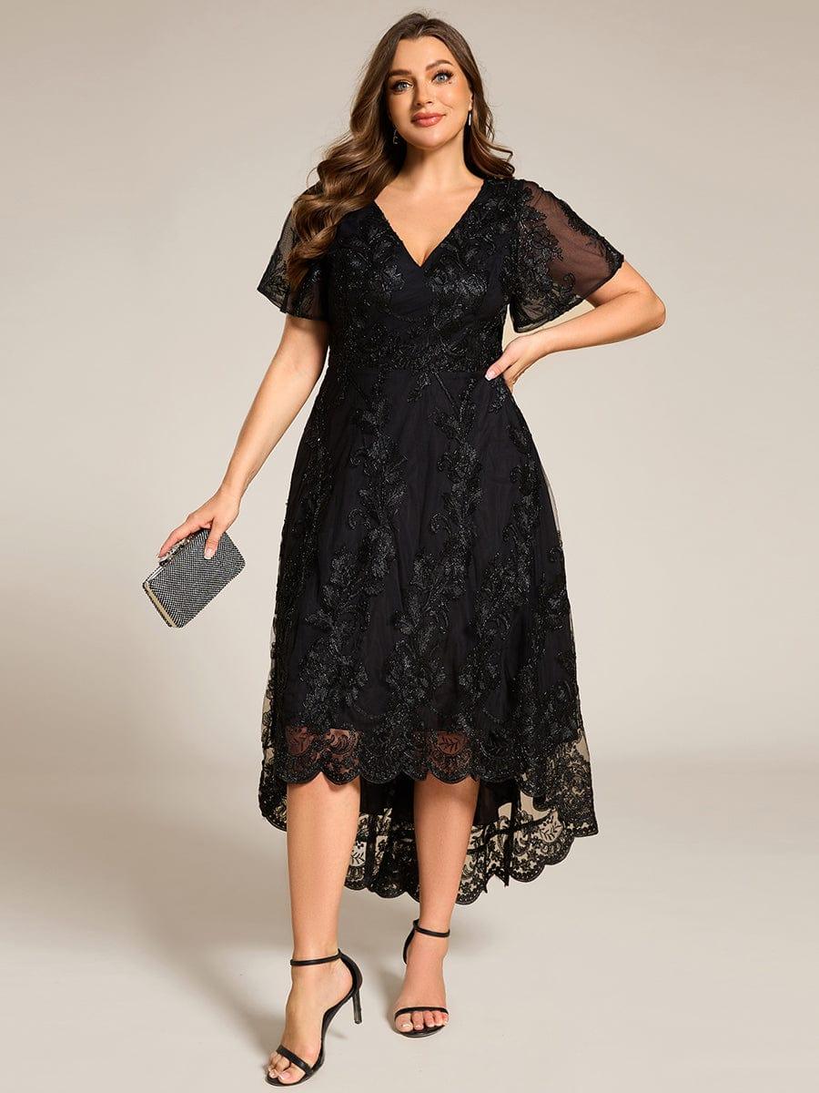 Plus Size V-Neck Lace Applique Midi Wedding Guest Dress