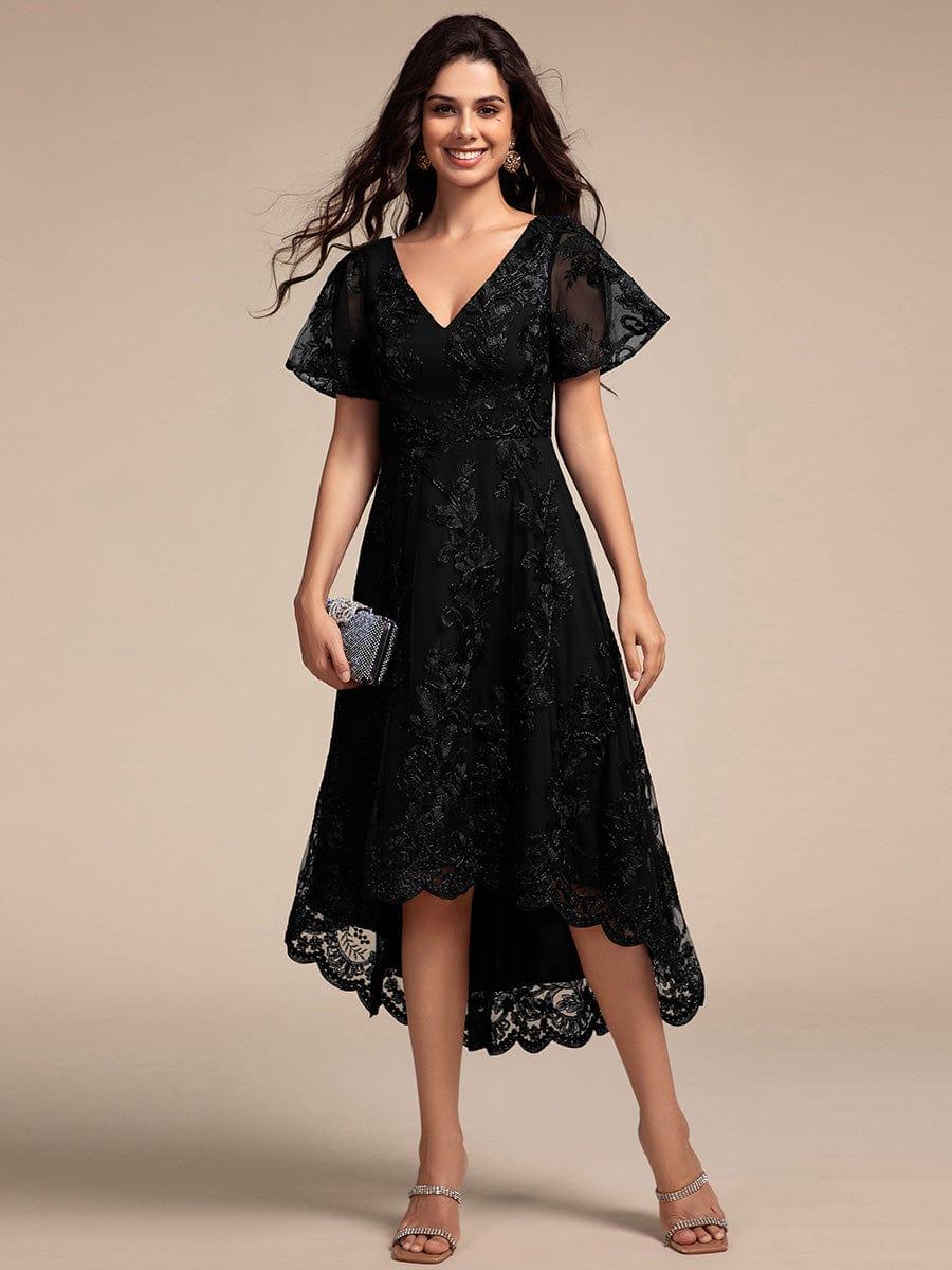 V-Neck Lace Applique High-Low Mother of the Bride Dress