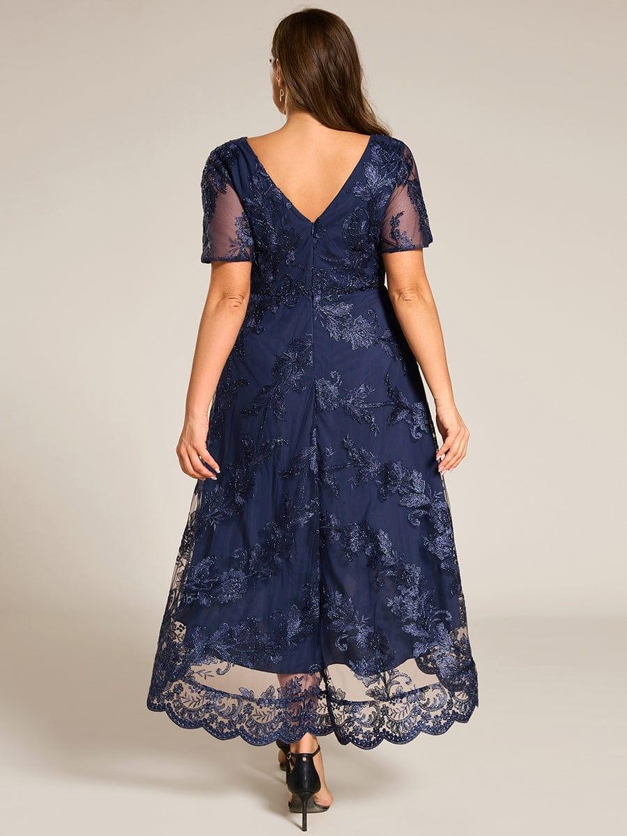 Plus Size V-Neck Lace Applique Midi Wedding Guest Dress