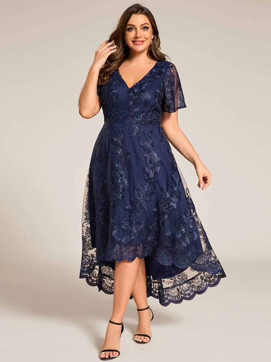 V-Neck Lace Applique High-Low Mother of the Bride Dress