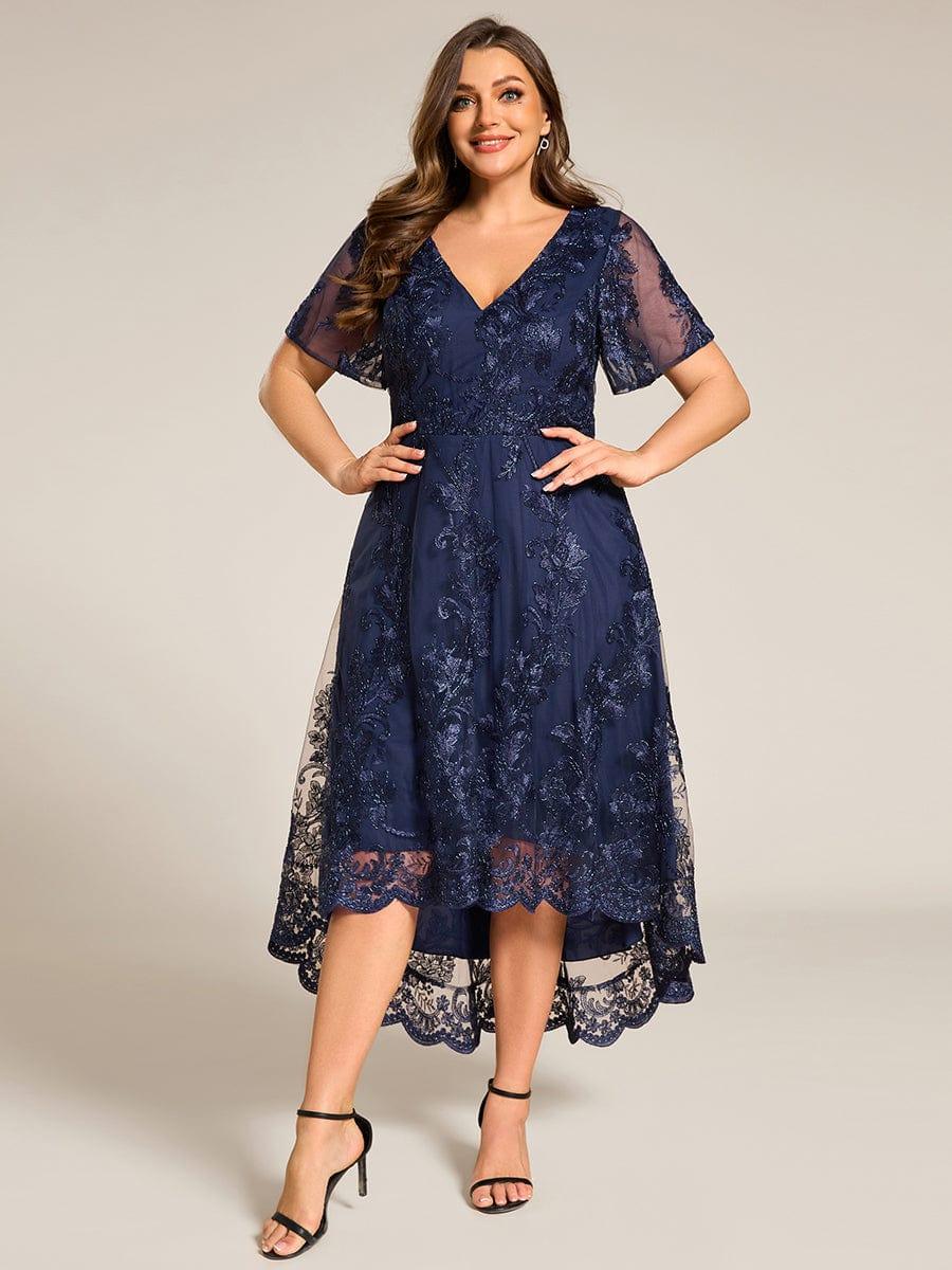 V-Neck Lace Applique High-Low Mother of the Bride Dress