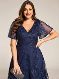 Plus Size V-Neck Lace Applique Midi Wedding Guest Dress