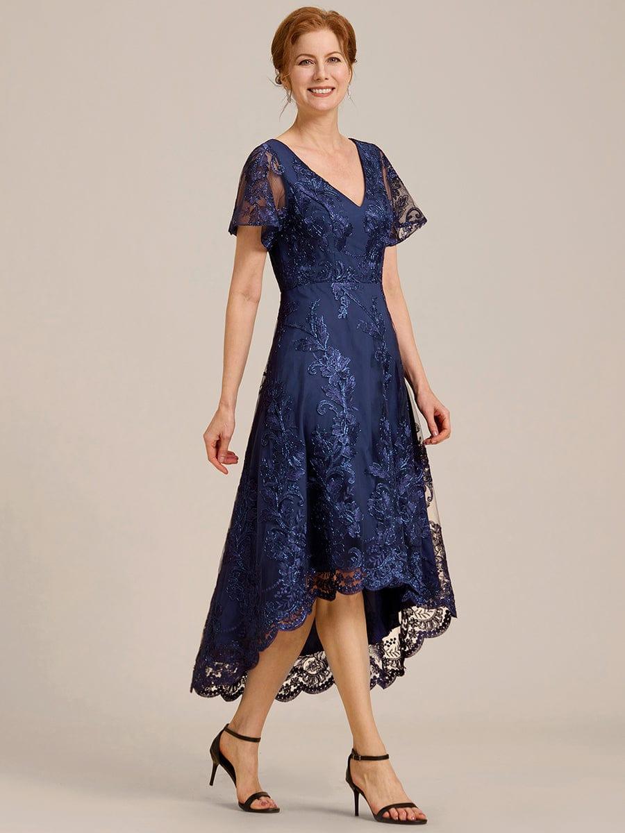 V-Neck Lace Applique High-Low Mother of the Bride Dress