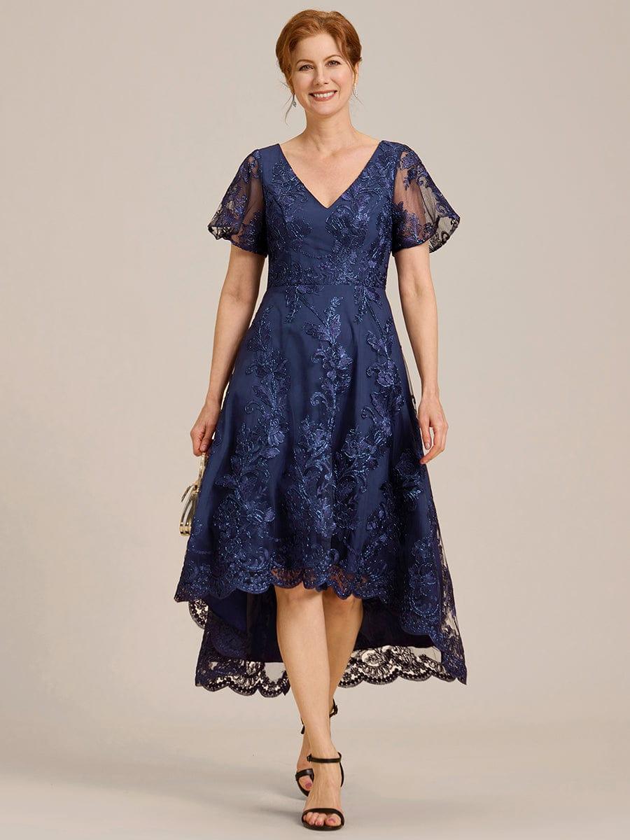 V-Neck Lace Applique High-Low Mother of the Bride Dress