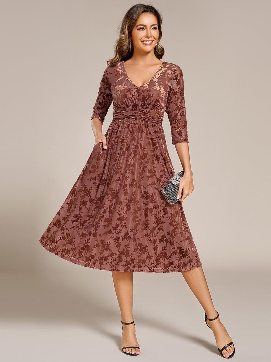 V-Neck Velvet Pleated Wedding Guest Dress with Pockets