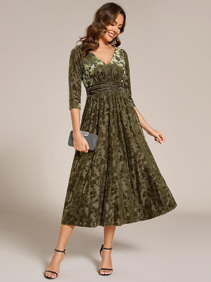 V-Neck Velvet Pleated Wedding Guest Dress with Pockets