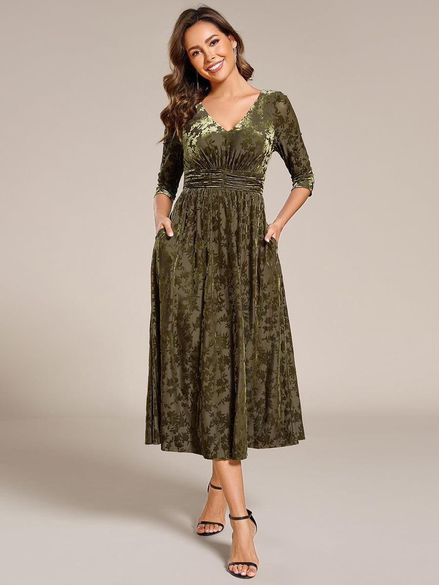 V-Neck Velvet Pleated Wedding Guest Dress with Pockets