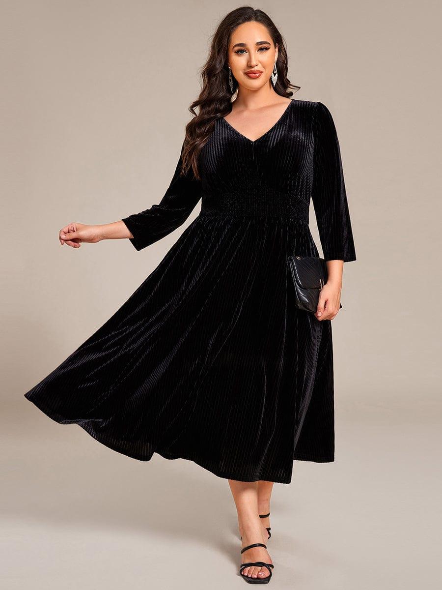 Plus Size V-Neck Pleated Velvet Wedding Guest Dress