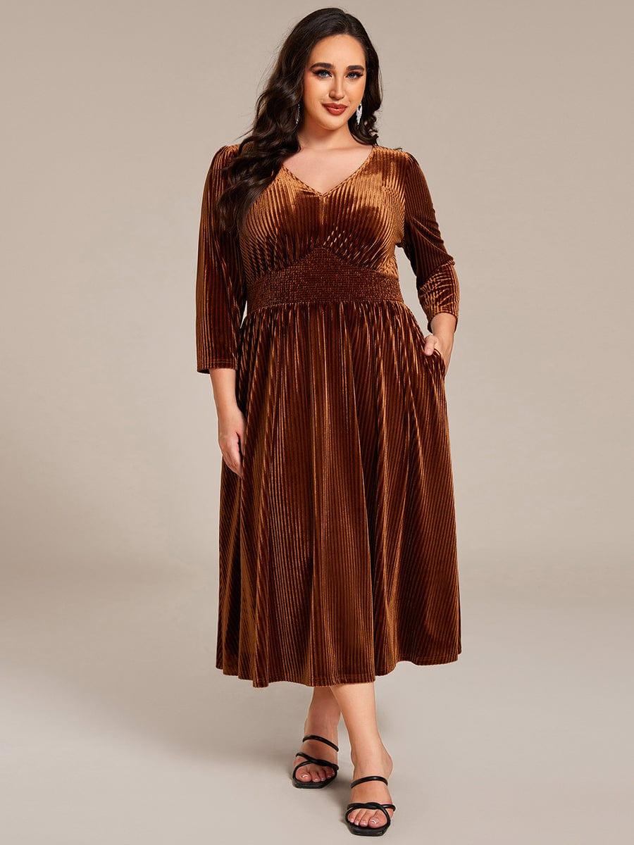 Plus Size V-Neck Pleated Velvet Wedding Guest Dress