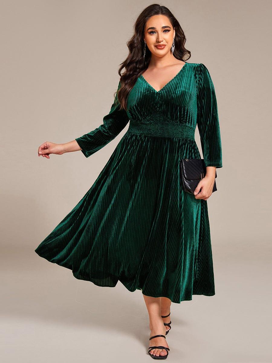 Plus Size V-Neck Pleated Velvet Wedding Guest Dress