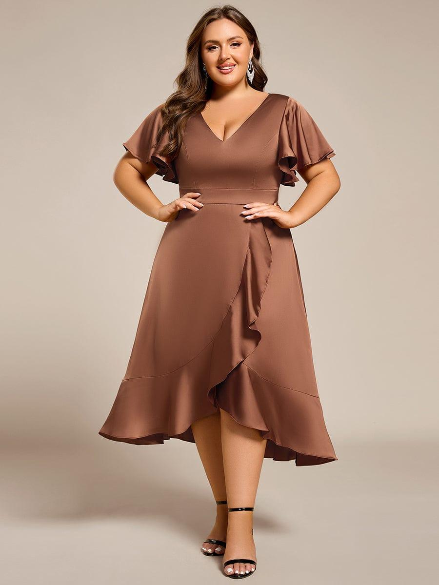 Plus Size V-Neck Ruffle Satin Wedding Guest Dress