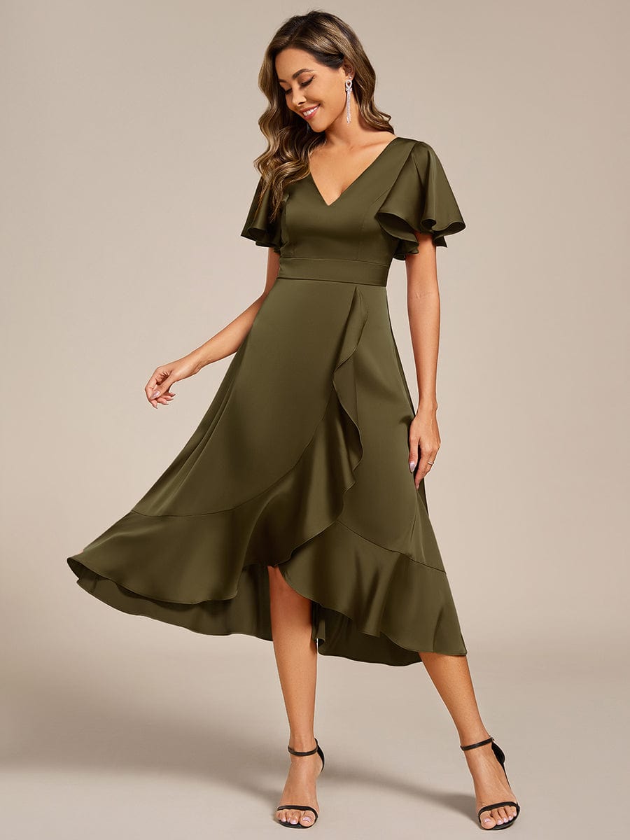 Elegant V-Neck Ruffle Wedding Guest Dress