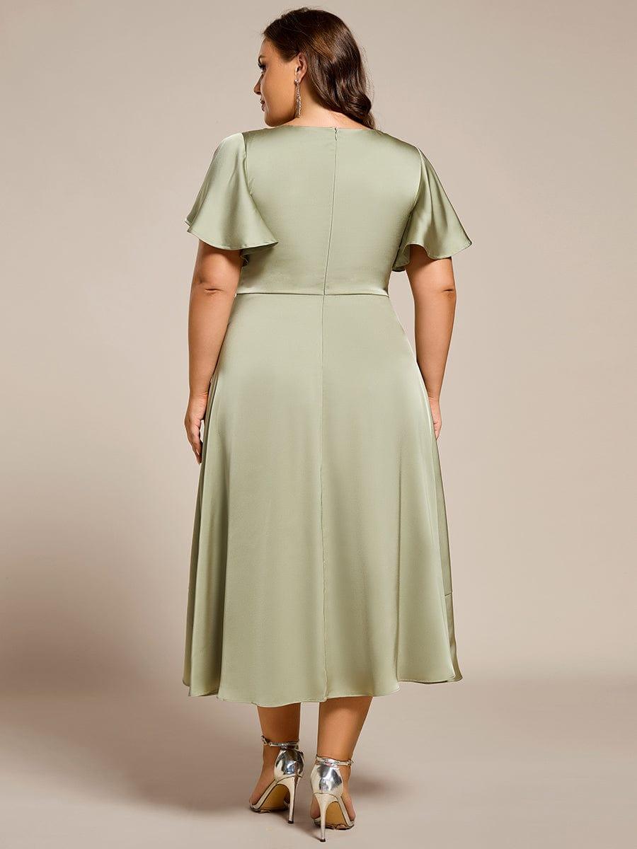 Plus Size V-Neck Ruffle Satin Wedding Guest Dress