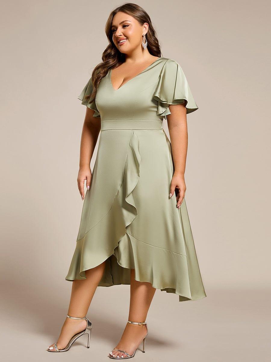Plus Size V-Neck Ruffle Satin Wedding Guest Dress