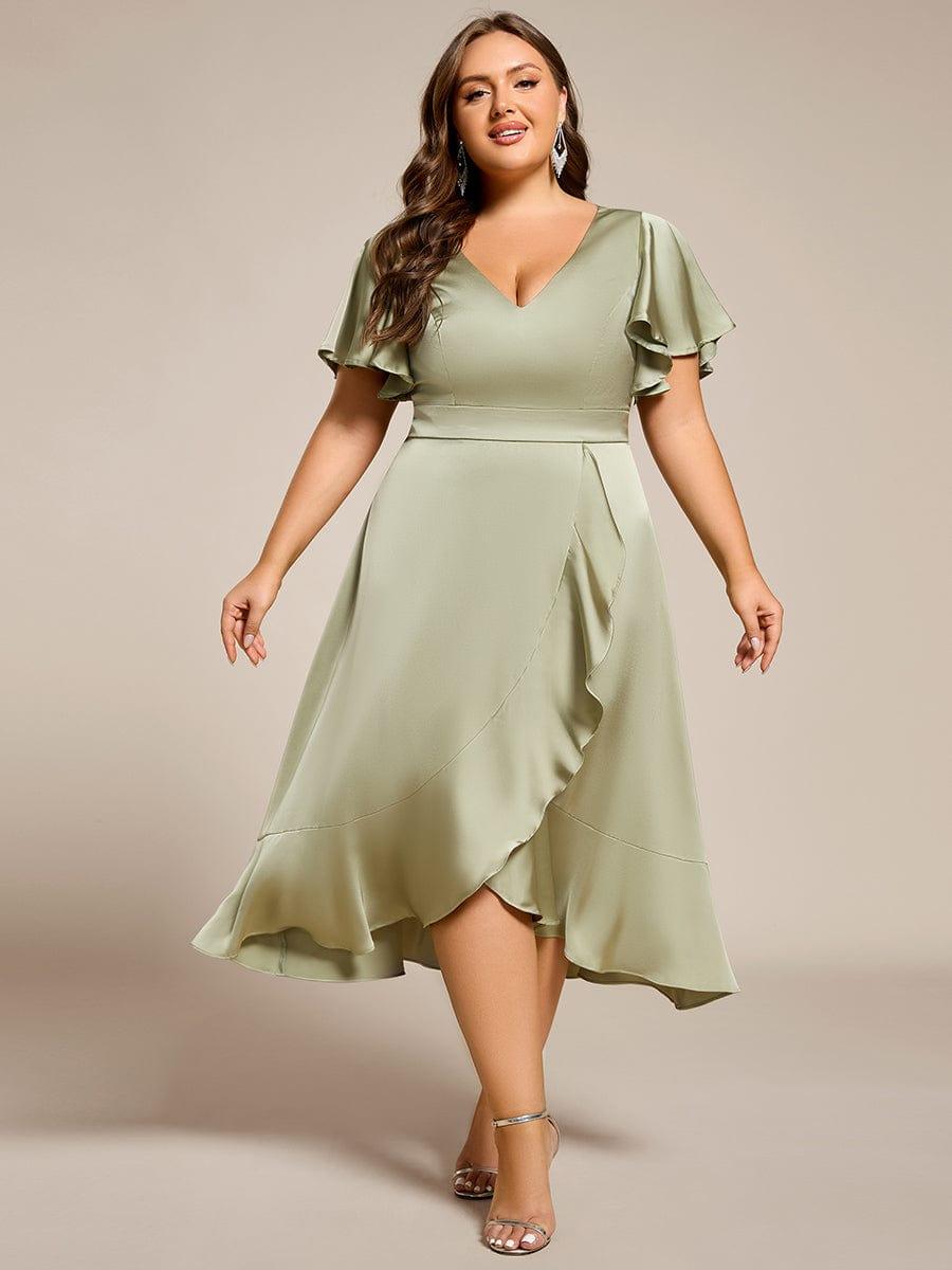 Plus Size V-Neck Ruffle Satin Wedding Guest Dress