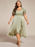 Plus Size V-Neck Ruffle Satin Wedding Guest Dress