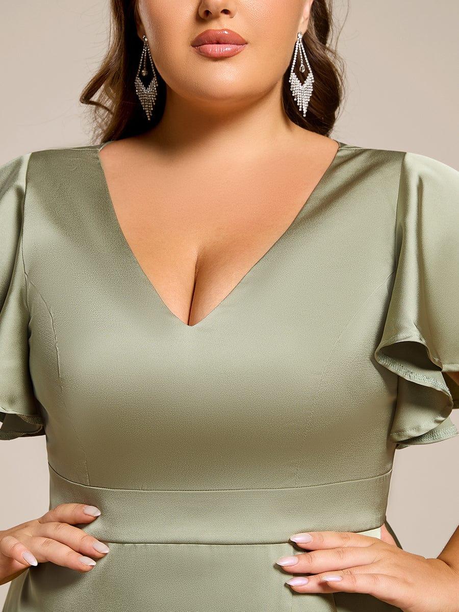 Plus Size V-Neck Ruffle Satin Wedding Guest Dress