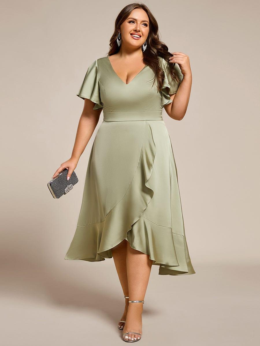 Plus Size V-Neck Ruffle Satin Wedding Guest Dress
