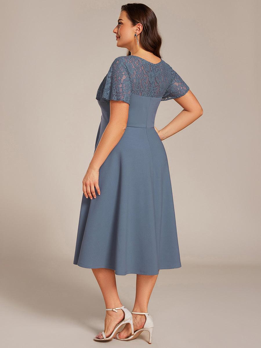 Classy V-Neck Pleated Wedding Guest Dress with Lace Sleeves