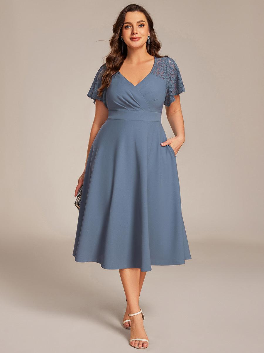 Classy V-Neck Pleated Wedding Guest Dress with Lace Sleeves
