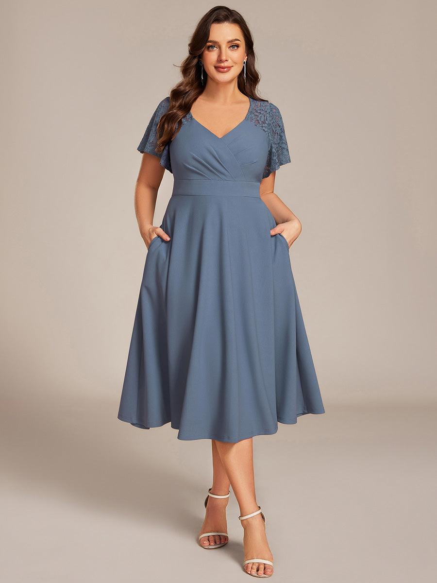 Classy V-Neck Pleated Wedding Guest Dress with Lace Sleeves