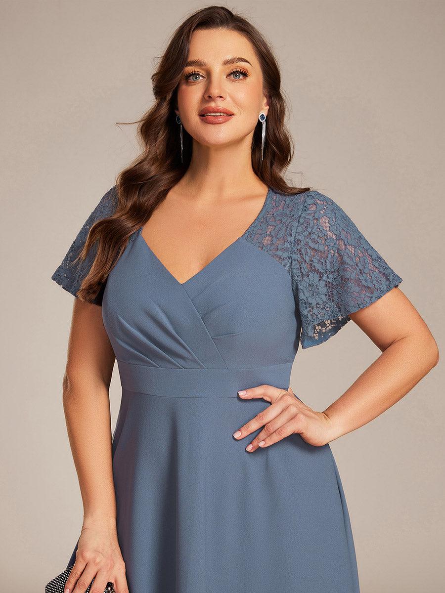 Classy V-Neck Pleated Wedding Guest Dress with Lace Sleeves