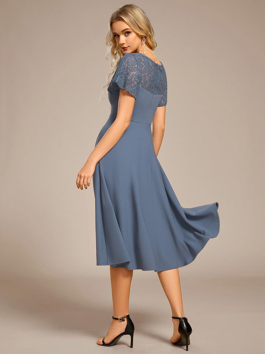 Classy V-Neck Pleated Wedding Guest Dress with Lace Sleeves
