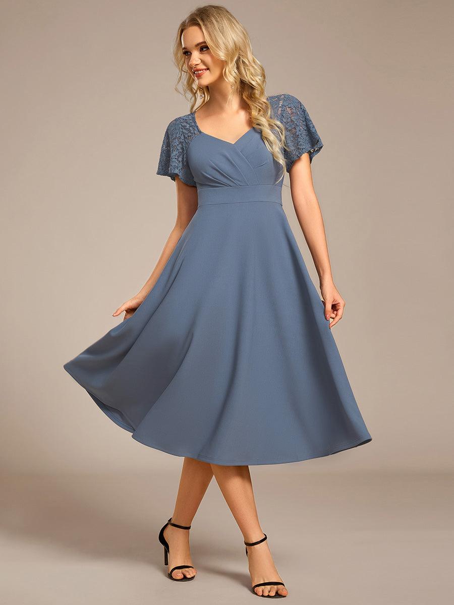 Classy V-Neck Pleated Wedding Guest Dress with Lace Sleeves