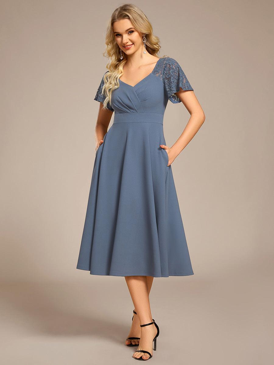 Classy V-Neck Pleated Wedding Guest Dress with Lace Sleeves