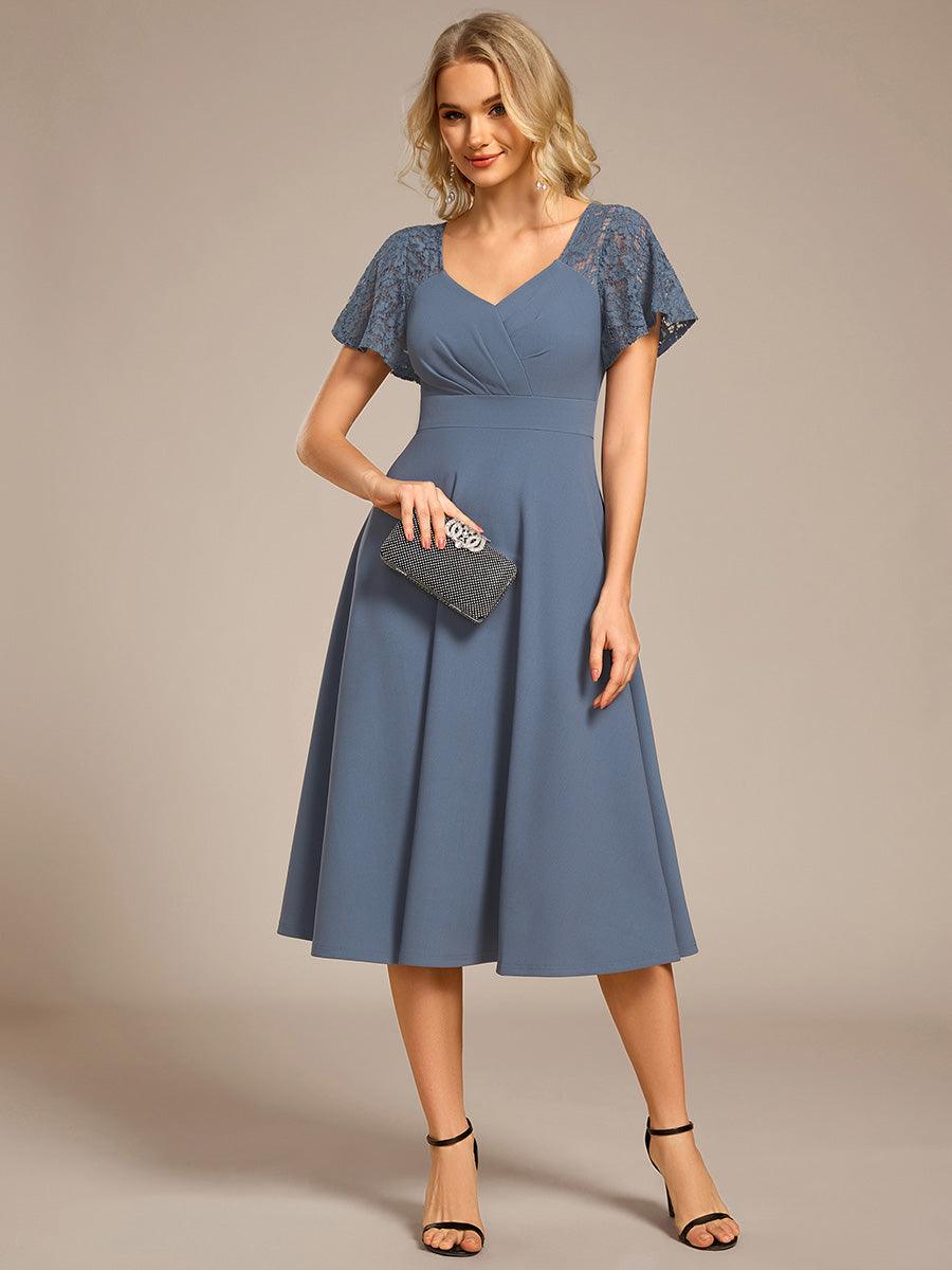 Classy V-Neck Pleated Wedding Guest Dress with Lace Sleeves