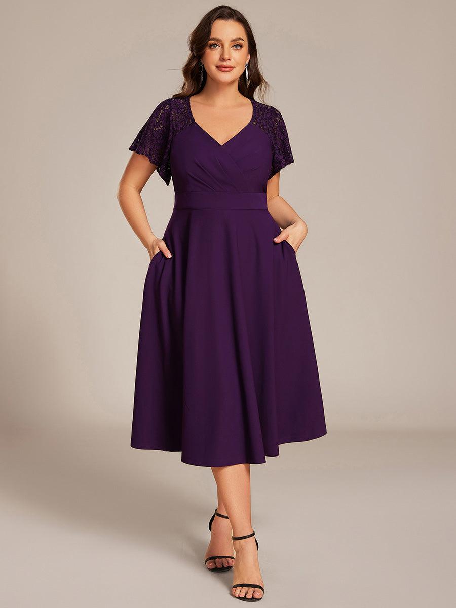 Classy V-Neck Pleated Wedding Guest Dress with Lace Sleeves