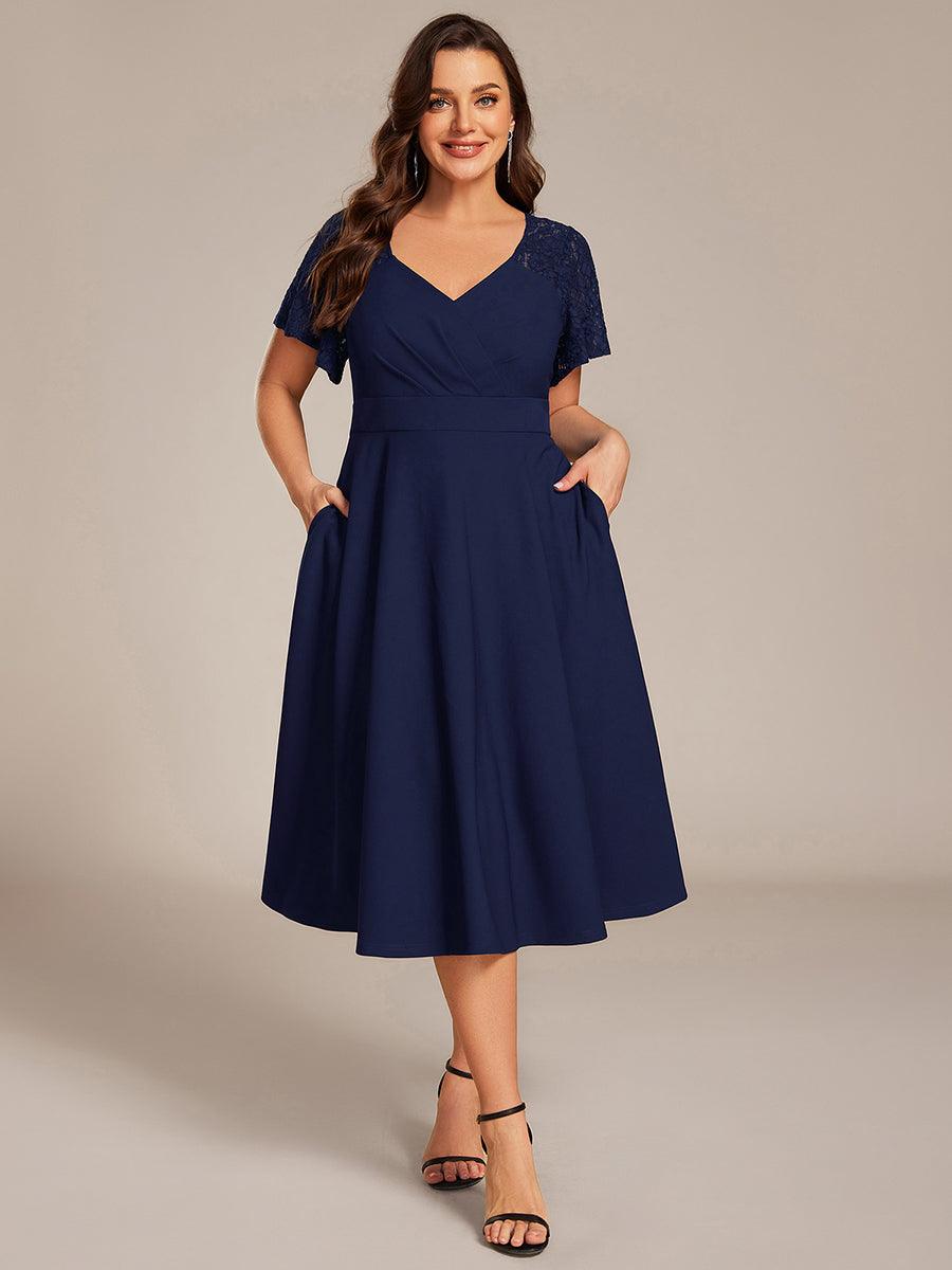 Plus Size V-Neck Pleated Wedding Guest Dress with Pockets