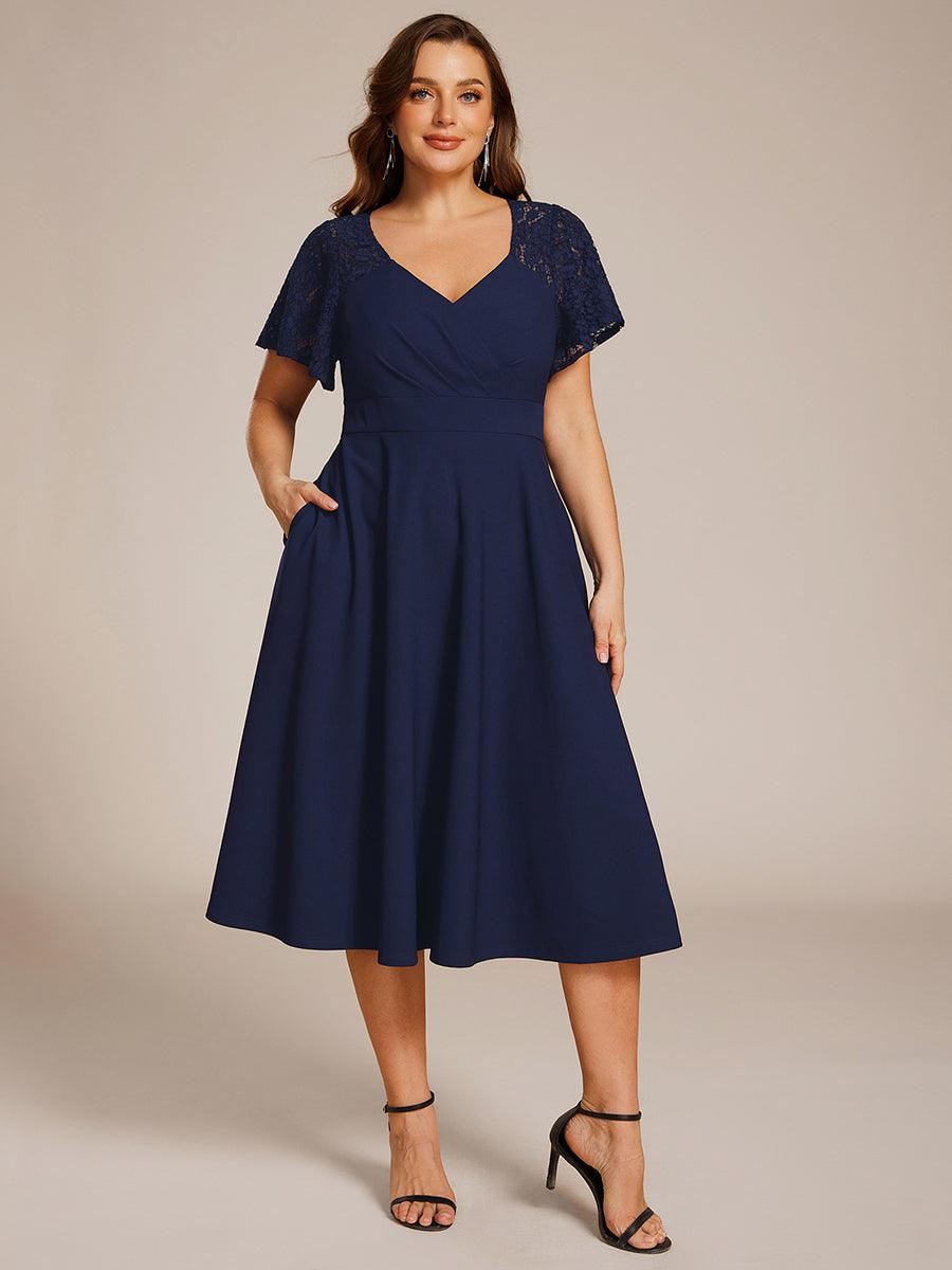 Classy V-Neck Pleated Wedding Guest Dress with Lace Sleeves